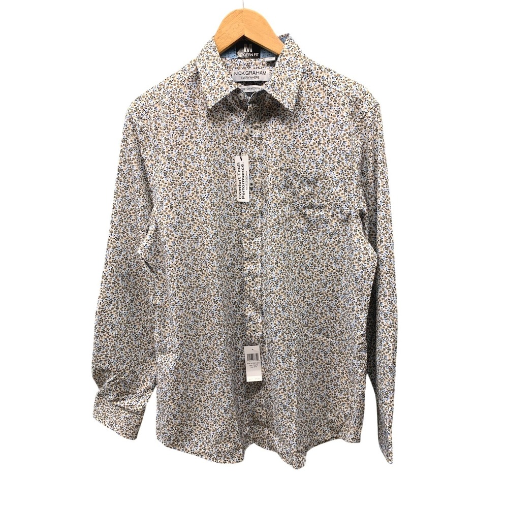 Nick Graham Everywhere Stretch Modern Fit Floral Button Shirt Mens M Taupe NWT
